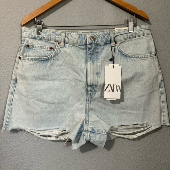 Zara Women Light Blue Bohemian High Rise Rigid Distressed Denim Short Size 14 - Picture 1 of 13